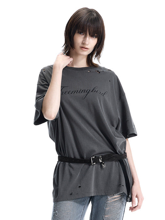 Wconcept_Treemingbird Distressed Logo Graphic T-shirts [ Charcoal ]