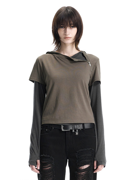 Wconcept_Treemingbird Zip Detail Slim Fit T-shirt [ Brown ]