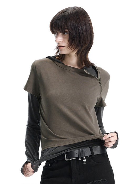 Wconcept_Treemingbird Zip Detail Slim Fit T-shirt [ Brown ]