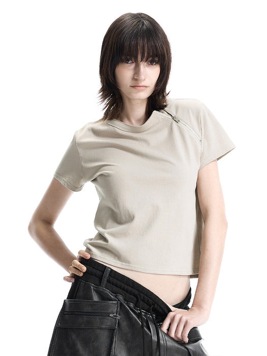 Wconcept_Treemingbird Zip Detail Slim Fit T-shirt [ Beige ]