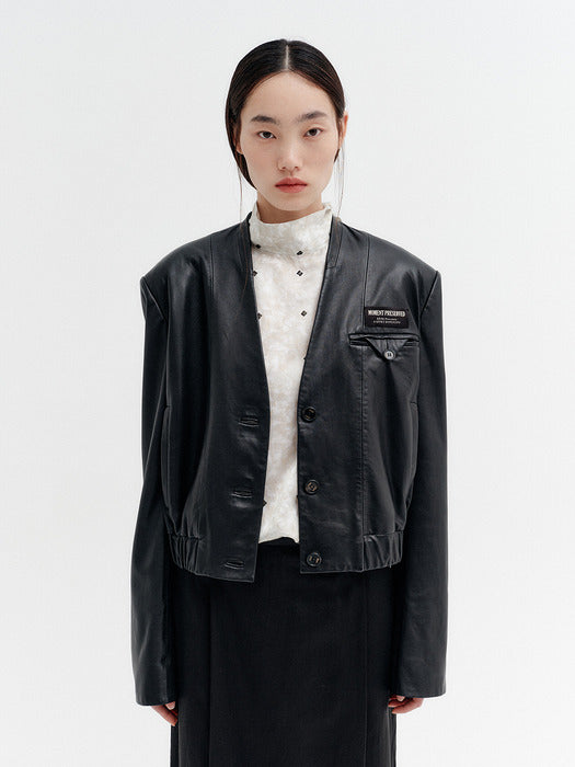 Eenk Contrast Crop Leather Jacket - Black