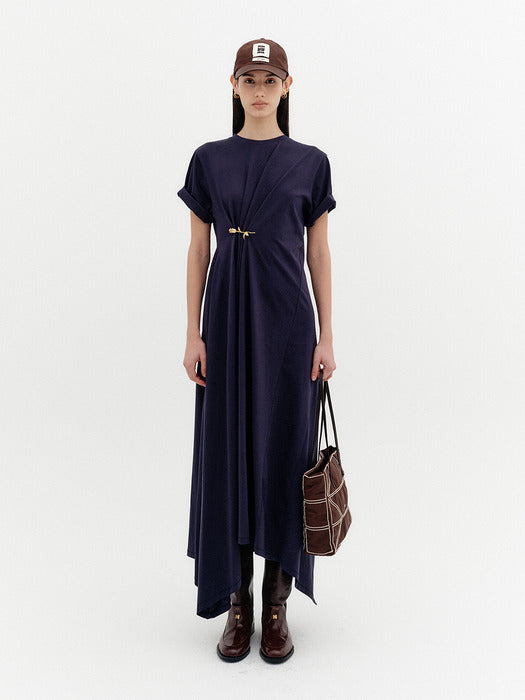 Eenk Front Rose Brooch Dress - Navy