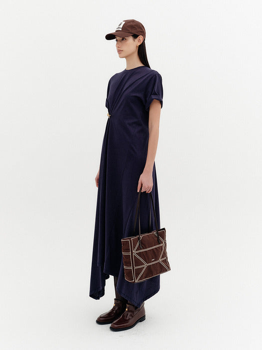 Eenk Front Rose Brooch Dress - Navy
