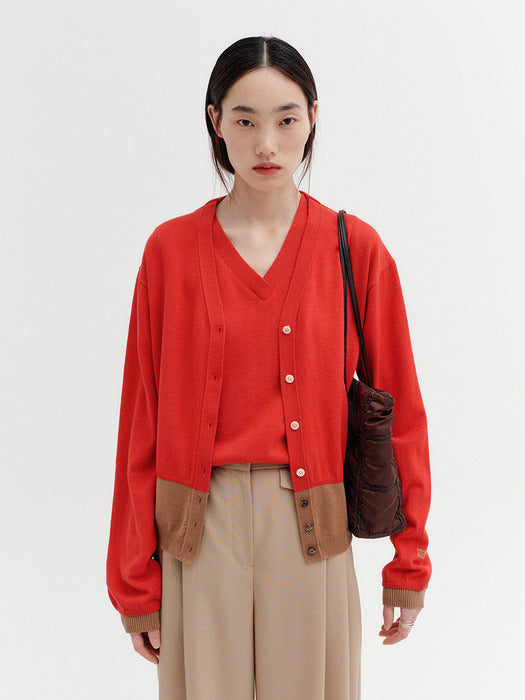 Eenk Contrast V-neck Cardigan - Red