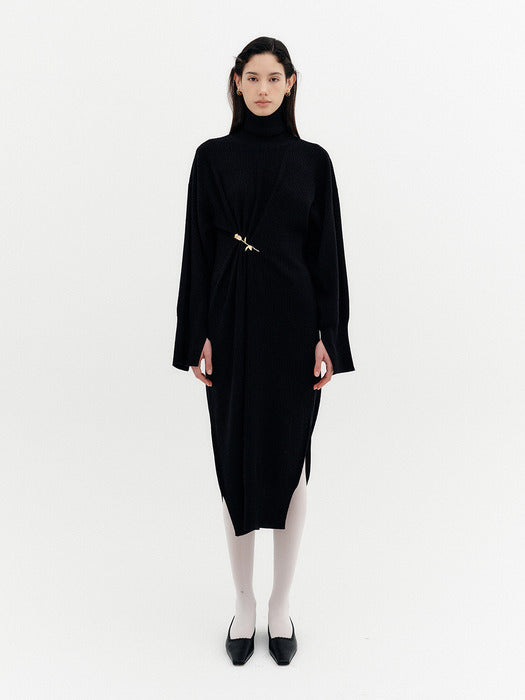 Eenk Rose Brooch Knitwear Dress - Black