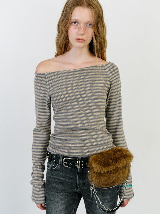 Instantfunk Stripe Off Shoulder Neck Tee - Grey