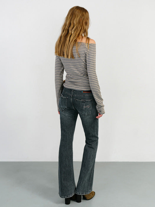 Instantfunk Stripe Off Shoulder Neck Tee - Grey