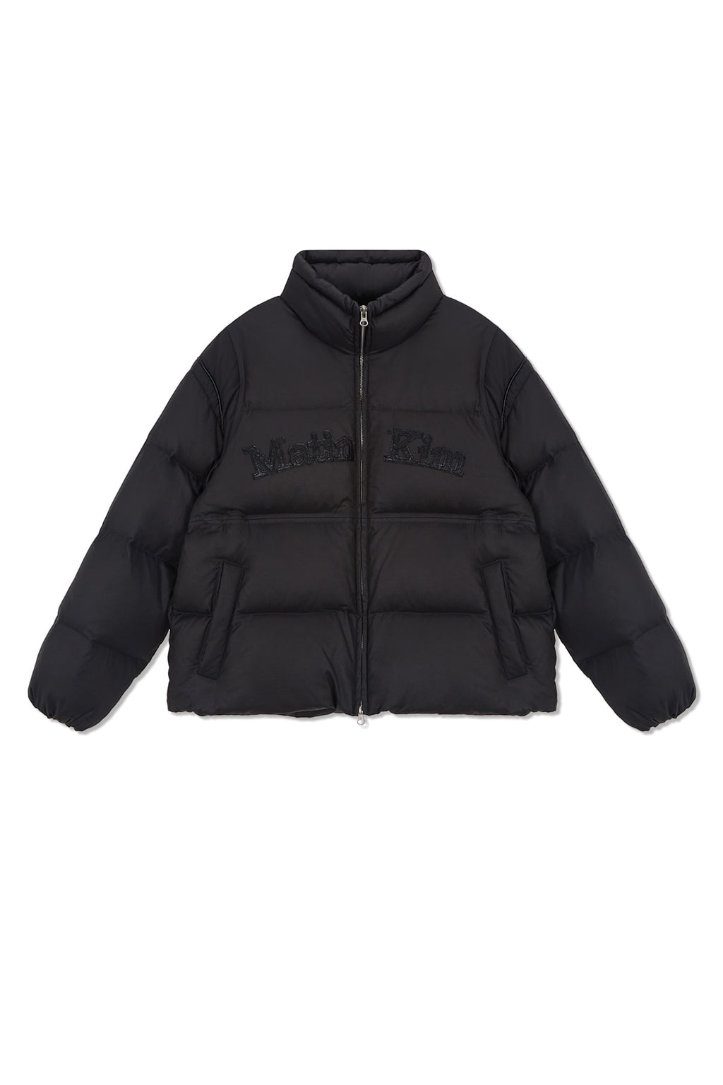 [matinkim] LOGO APPLIQUE GLOSSY DOWN JUMPER FOR MEN IN CHARCOAL