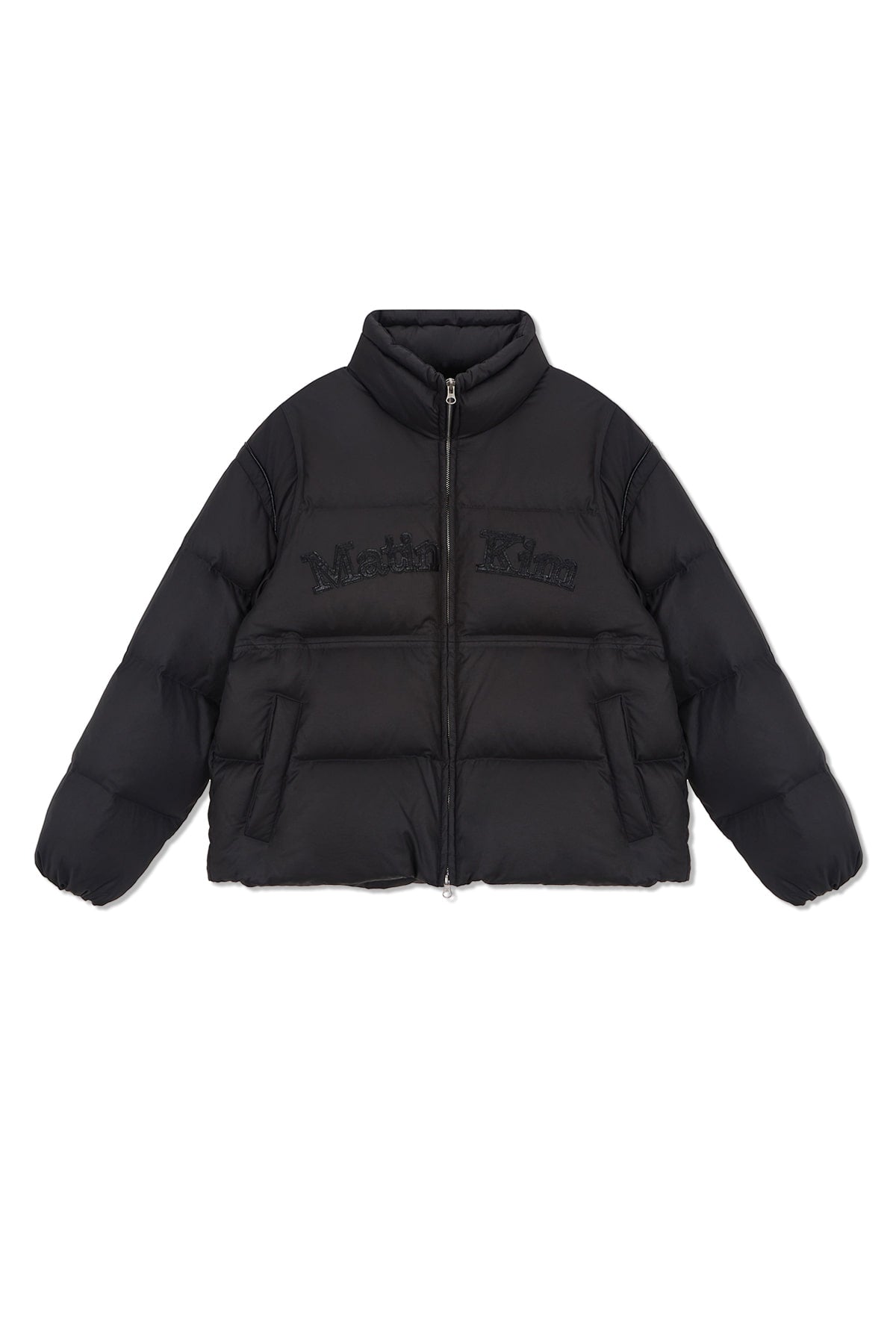 [matinkim] LOGO APPLIQUE GLOSSY DOWN JUMPER FOR MEN IN CHARCOAL