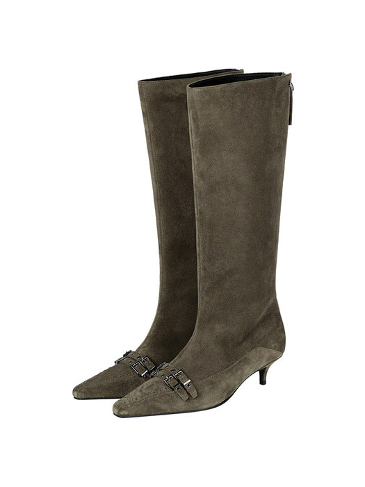 Wconcept_Treemingbird Double-Belted Studded Long Boots [ Khaki ]