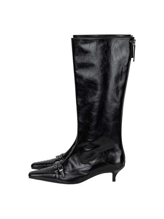 Wconcept_Treemingbird Double-Belted Studded Long Boots [ Black ]