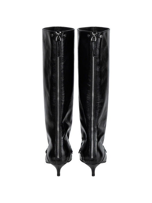 Wconcept_Treemingbird Double-Belted Studded Long Boots [ Black ]