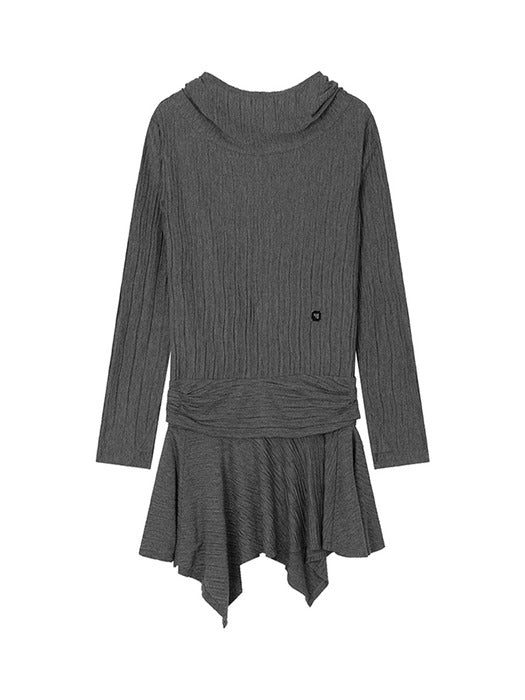 Wconcept_Treemingbird Crinkle Draped Hooded Long Sleeve Dress [ Charcoal ]