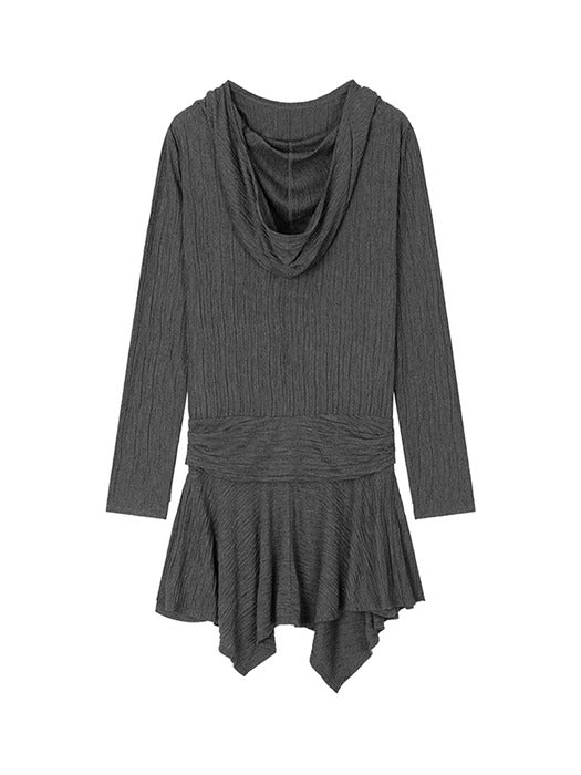 Wconcept_Treemingbird Crinkle Draped Hooded Long Sleeve Dress [ Charcoal ]