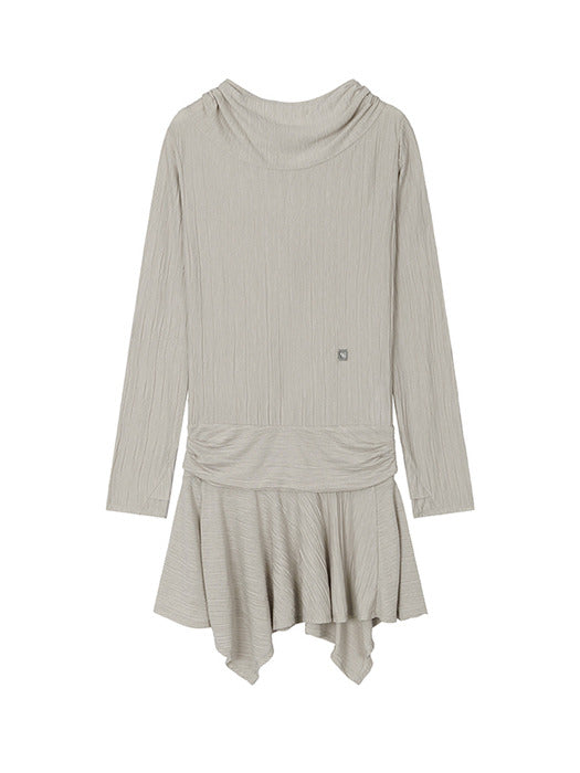 Wconcept_Treemingbird Crinkle Draped Hooded Long Sleeve Dress [ Beige ]