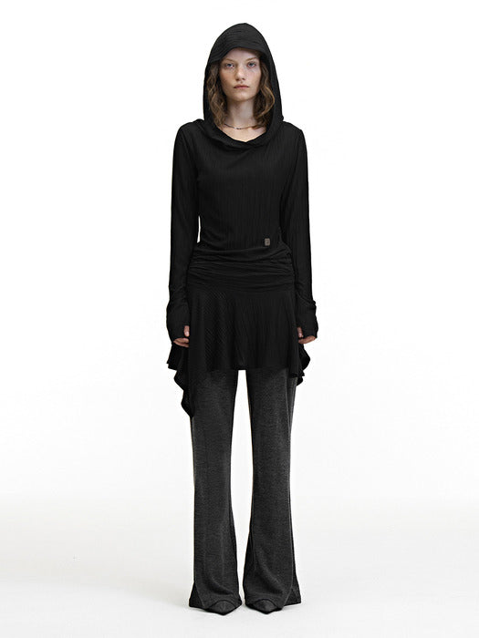 Treemingbird Crinkle Draped Hooded Long Sleeve Dress Black