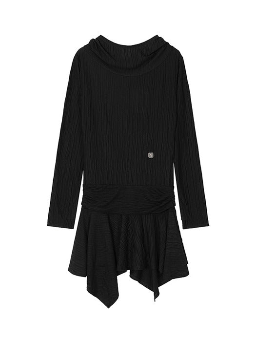 Wconcept_Treemingbird Crinkle Draped Hooded Long Sleeve Dress [ Black ]