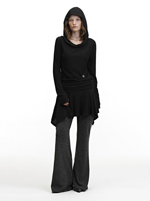 Treemingbird Crinkle Draped Hooded Long Sleeve Dress Black