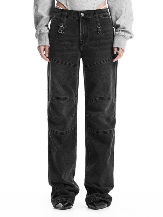 Wconcept_Treemingbird Low-Rise Moto Paneled Bootcut Denim [ Black ]