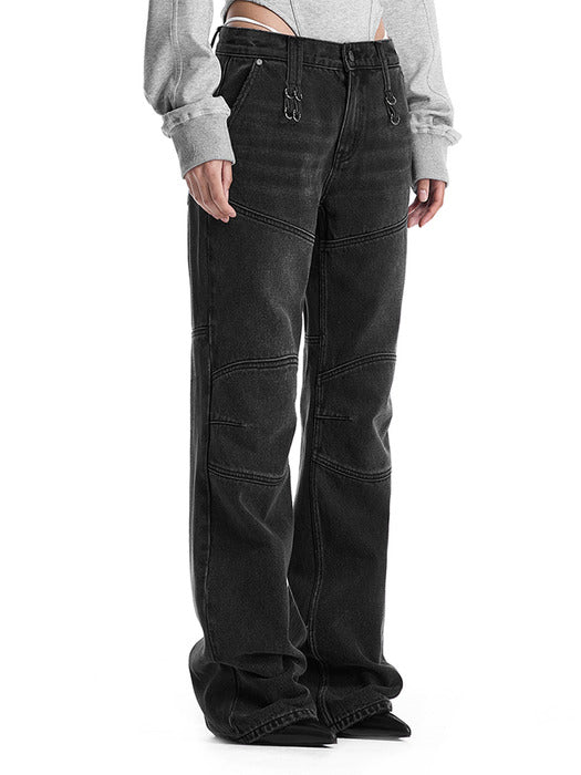 Wconcept_Treemingbird Low-Rise Moto Paneled Bootcut Denim [ Black ]