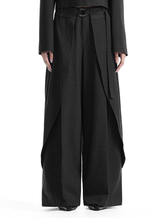 Wconcept_Treemingbird Buckle Layered Set-Up Wide Slacks [ Charcoal ]