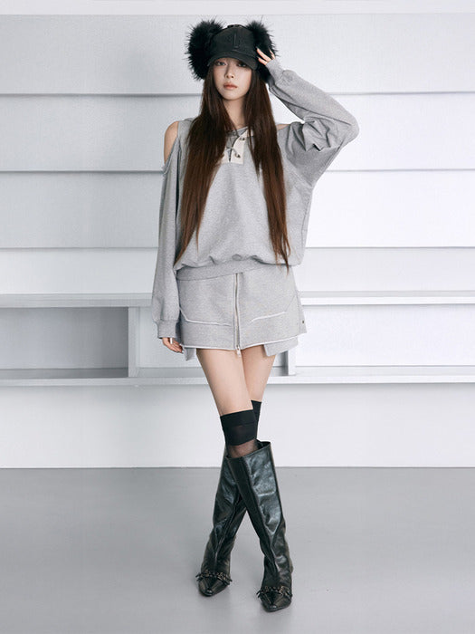 Wconcept_Treemingbird Front Zip Layered Jersey Mini Skirt [ Melange Gray ]