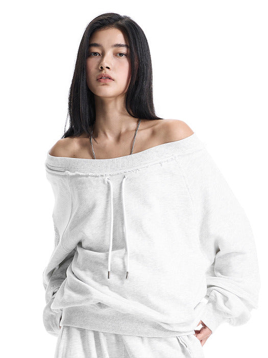 Wconcept_Treemingbird Lettering Off-Shoulder Set-Up Sweat Shirts [ Light Gray ]
