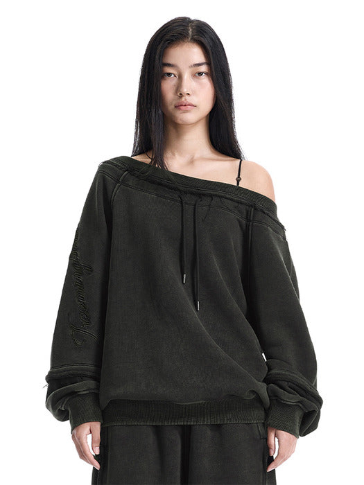 Wconcept_Treemingbird Lettering Off-Shoulder Set-Up Sweat Shirts [ Black ]