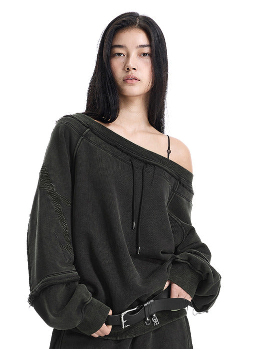 Wconcept_Treemingbird Lettering Off-Shoulder Set-Up Sweat Shirts [ Black ]