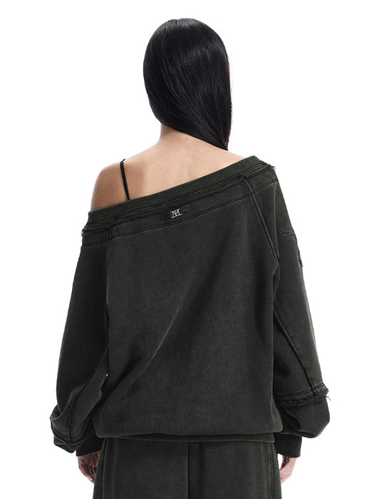 Wconcept_Treemingbird Lettering Off-Shoulder Set-Up Sweat Shirts [ Black ]