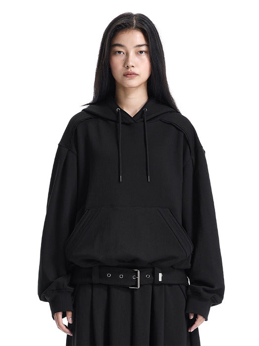 Wconcept_Treemingbird Raw-Edge Belted Set-Up Hoodie [ Black ]