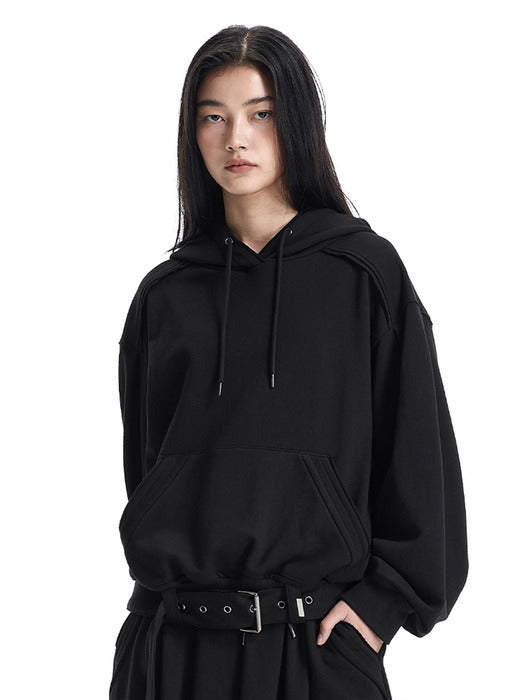 Wconcept_Treemingbird Raw-Edge Belted Set-Up Hoodie [ Black ]