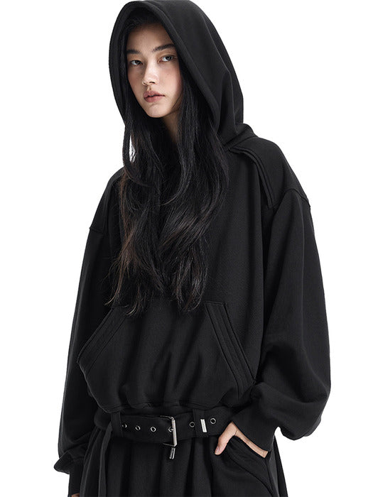 Wconcept_Treemingbird Raw-Edge Belted Set-Up Hoodie [ Black ]