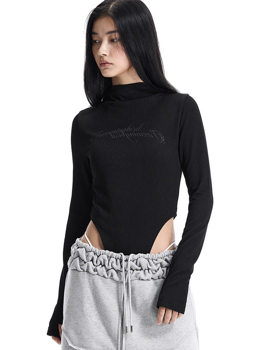 Wconcept_Treemingbird Script Logo Mock Neck Bodysuit [ Black ]