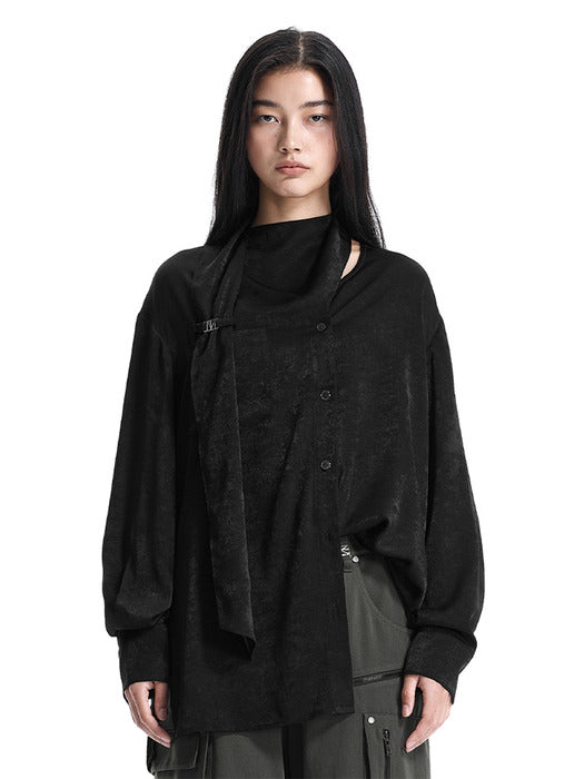 Wconcept_Treemingbird Asymmetric Scarf Blouse [ Black ]