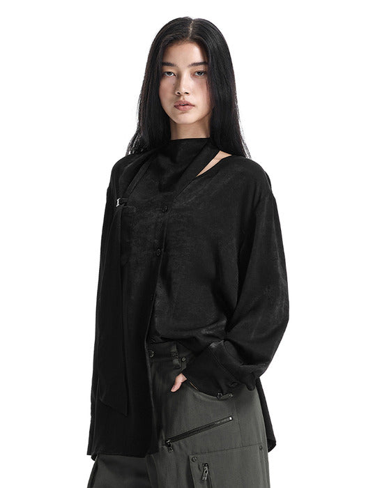Wconcept_Treemingbird Asymmetric Scarf Blouse [ Black ]