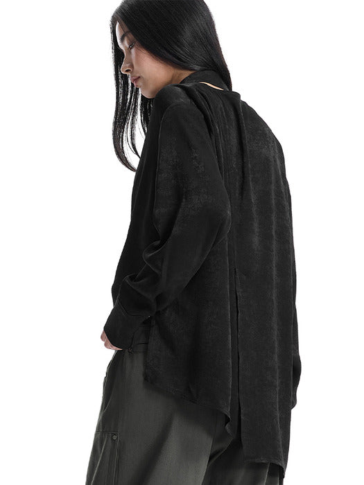 Wconcept_Treemingbird Asymmetric Scarf Blouse [ Black ]