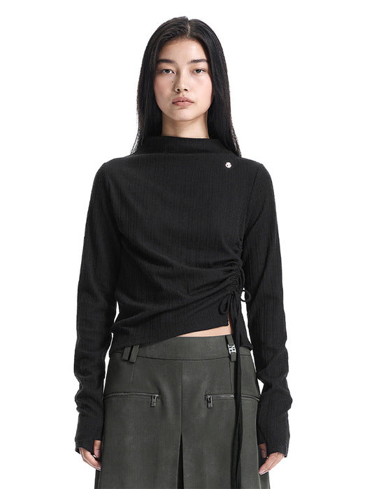 Wconcept_Treemingbird String Ribbed Mock Neck Long Sleeve T-Shirt [ Black ]