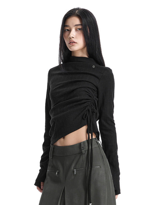 Wconcept_Treemingbird String Ribbed Mock Neck Long Sleeve T-Shirt [ Black ]