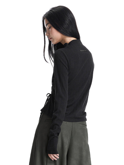 Wconcept_Treemingbird String Ribbed Mock Neck Long Sleeve T-Shirt [ Black ]