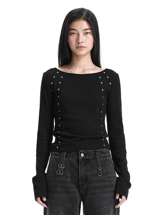 Wconcept_Treemingbird Hot-Fix Raw Edge Boat Neck T-Shirt [ Black ]