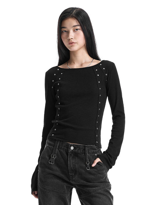 Wconcept_Treemingbird Hot-Fix Raw Edge Boat Neck T-Shirt [ Black ]
