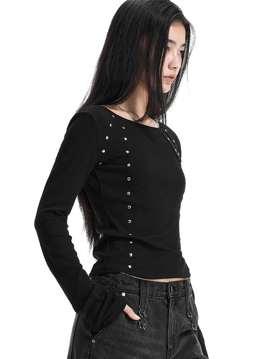 Wconcept_Treemingbird Hot-Fix Raw Edge Boat Neck T-Shirt [ Black ]
