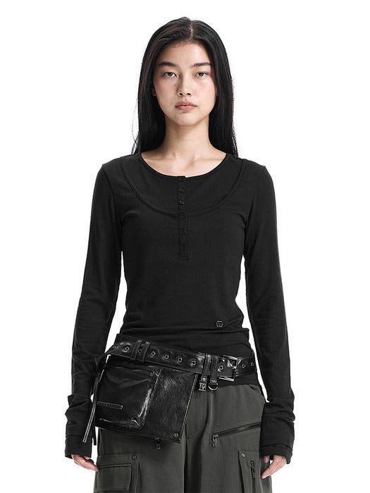 Wconcept_Treemingbird Double-Layered Henley-Neck T-Shirt [ Black ]