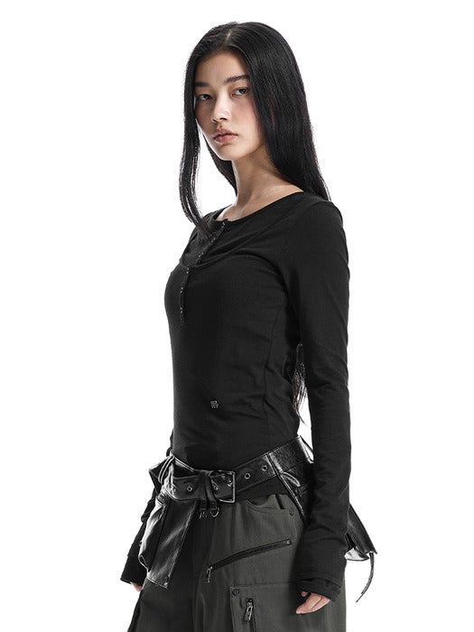 Wconcept_Treemingbird Double-Layered Henley-Neck T-Shirt [ Black ]