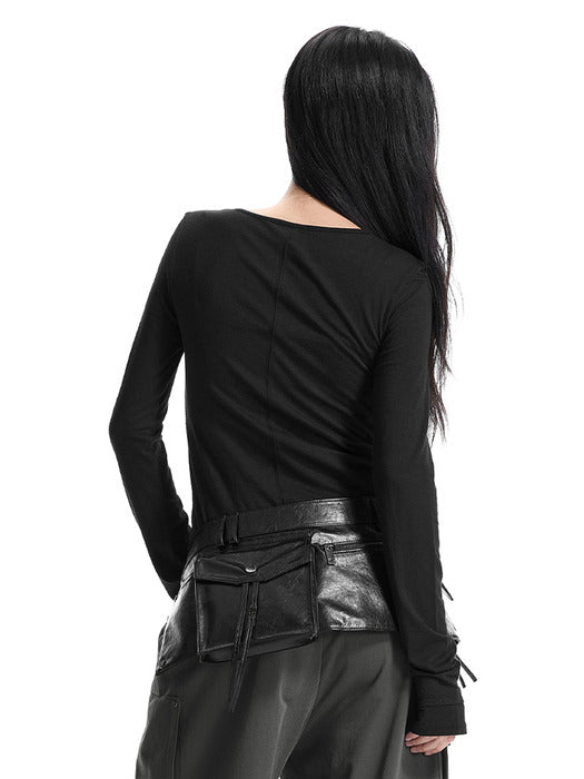 Wconcept_Treemingbird Double-Layered Henley-Neck T-Shirt [ Black ]