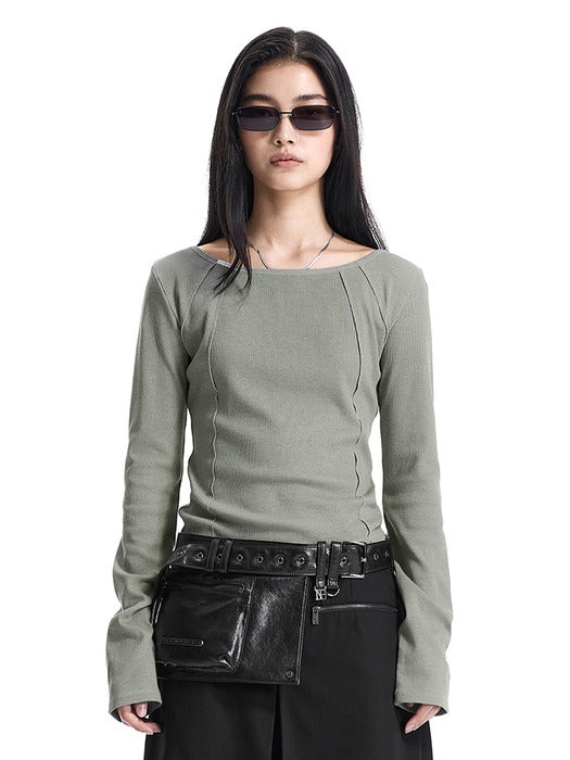 Wconcept_Treemingbird Pigment-Washed Raw Edge Boat Neck T-Shirt [ Khaki ]