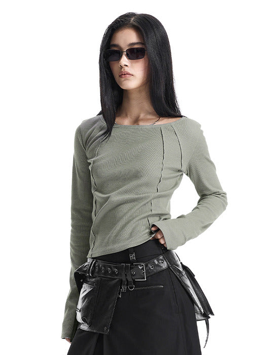 Wconcept_Treemingbird Pigment-Washed Raw Edge Boat Neck T-Shirt [ Khaki ]