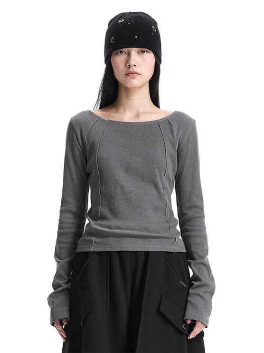 Wconcept_Treemingbird Pigment-Washed Raw Edge Boat Neck T-Shirt [ Gray ]