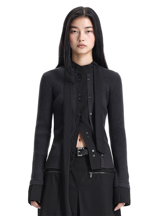 Wconcept_Treemingbird Fabric-Combo Scarf Knit Cardigan [ Black ]